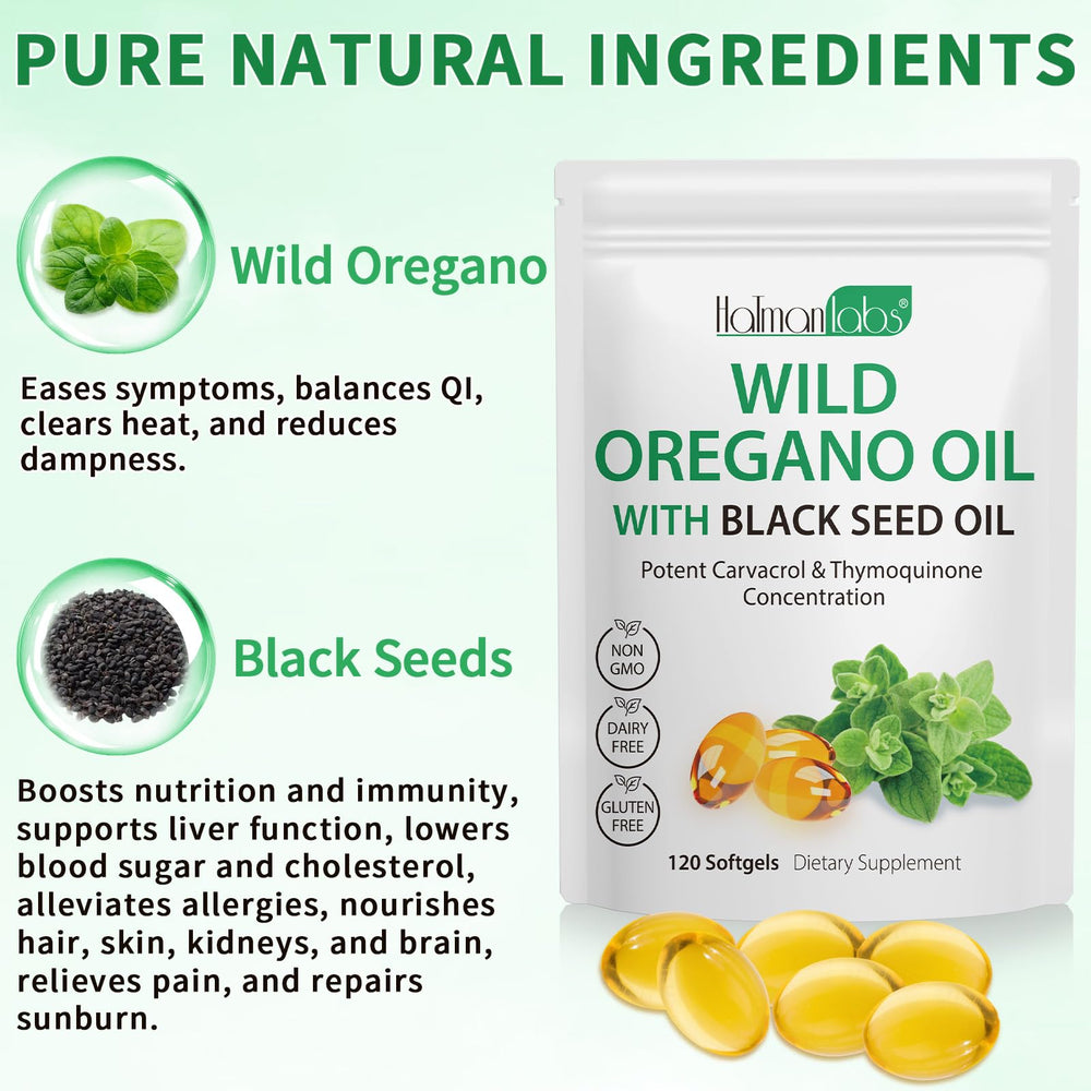 Black seed oil bottle beside oregano softgels
