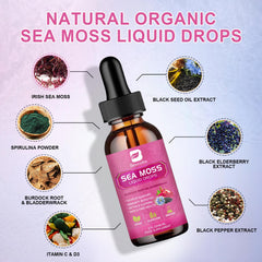 Organic black seed oil bottle next to Sea Moss Drops