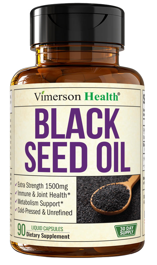 Cold-pressed Black Seed Oil capsules bottle - 1500mg per serving, vegan, 90 capsules