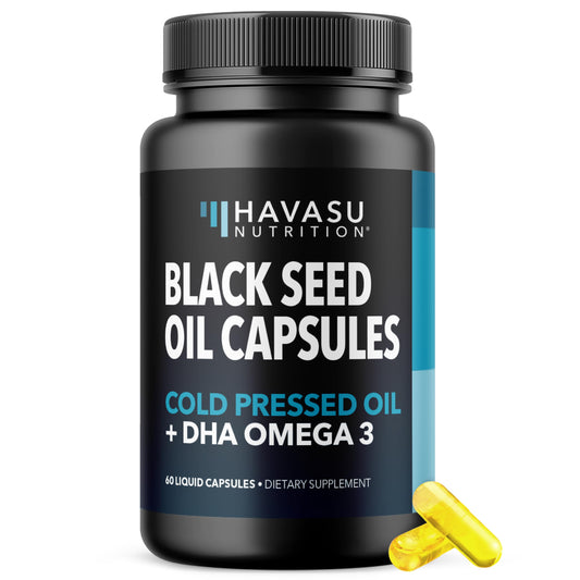 Bottle of Black Seed Oil with DHA capsules
