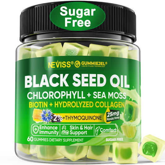 Bottle of Black Seed Oil Gummies with chlorophyll and sea moss