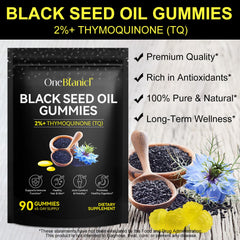 Gummy close-up highlighting 100% black seed oil and cinnamon flavor