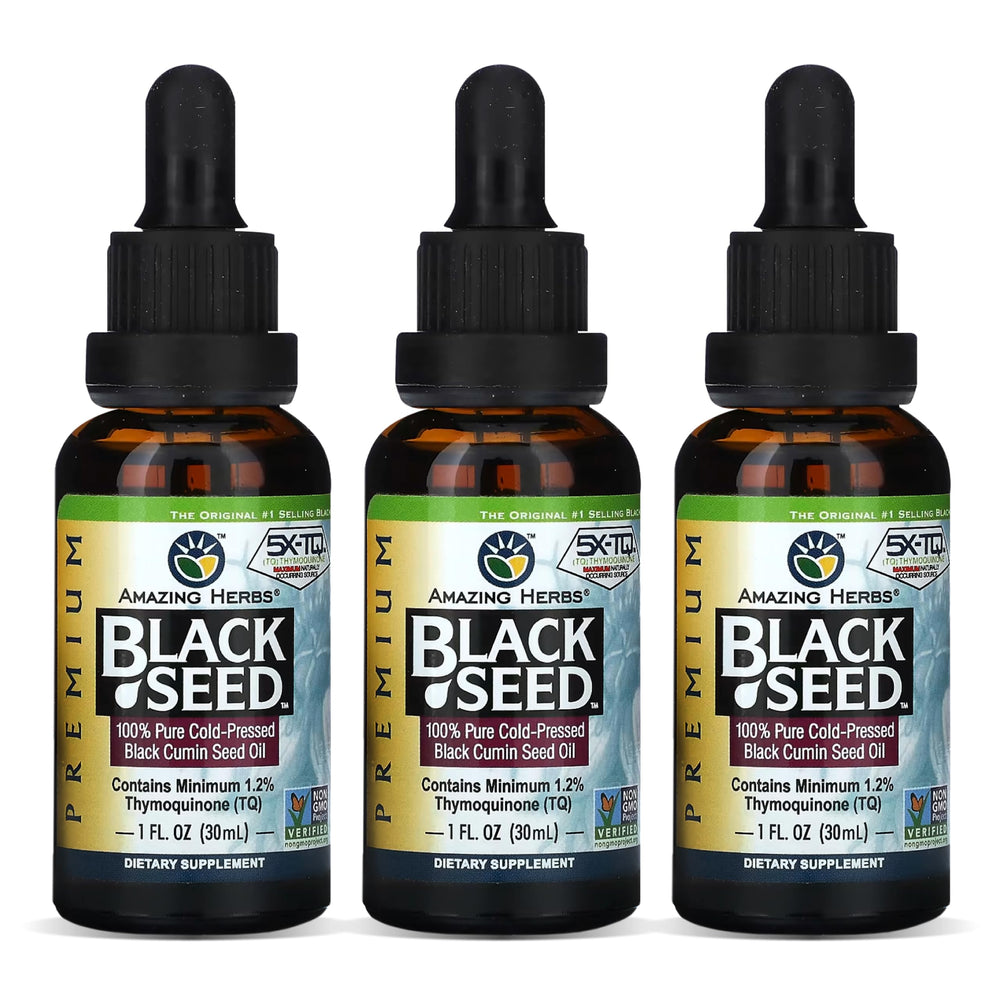 Front view of Amazing Herbs Black Seed Oil bottle - 1 oz (pack of 3)
