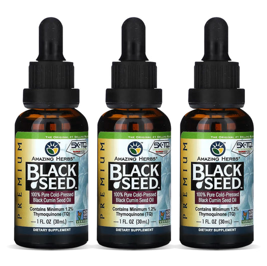Front view of Amazing Herbs Black Seed Oil bottle - 1 oz (pack of 3)