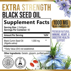 Amber bottle with label showing black seed oil softgels 1000mg