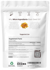 Close-up of black seed oil softgels showing 3000mg per serving