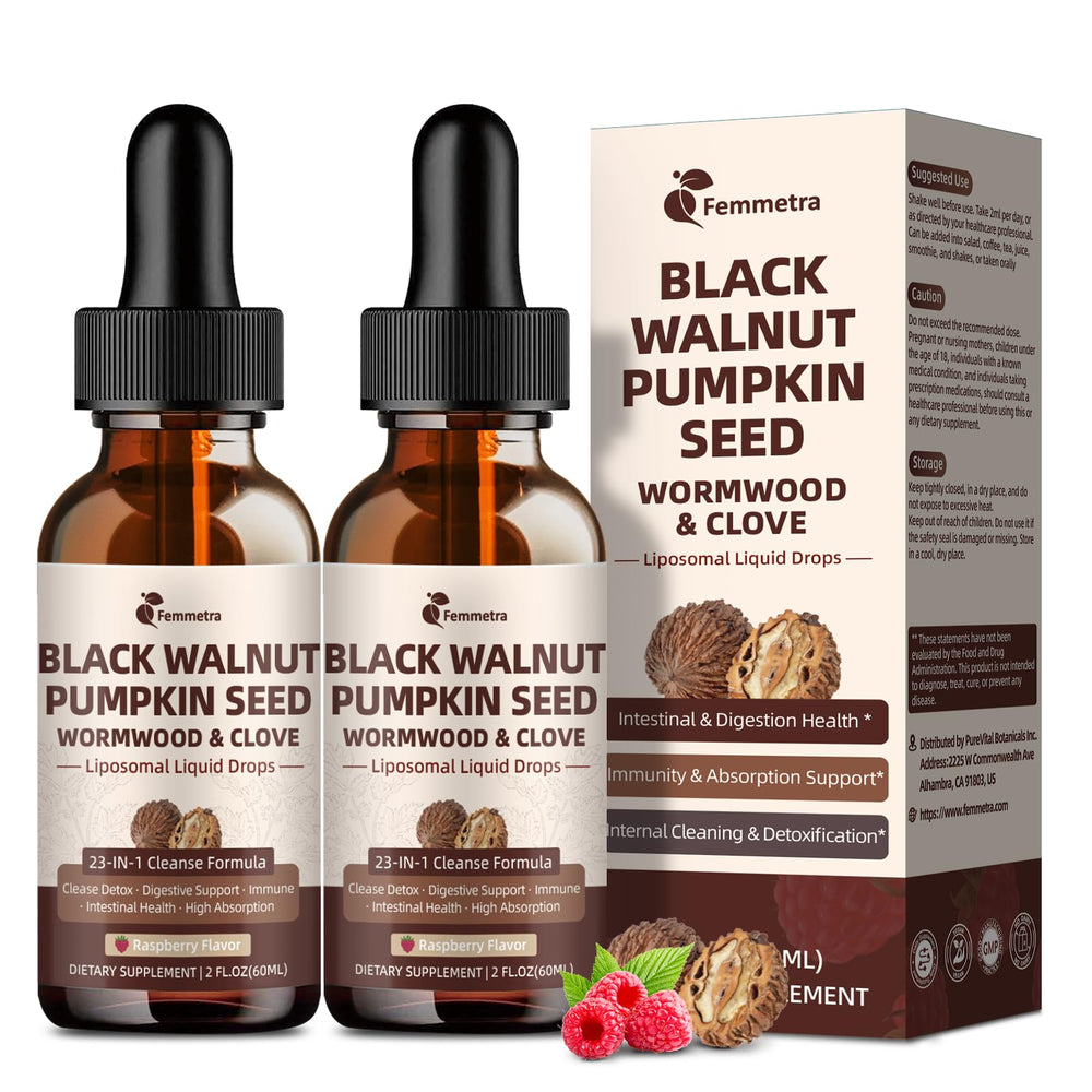 Two-pack Black Walnut Wormwood Clove Cleanse Drops bottle front view with raspberry flavor.