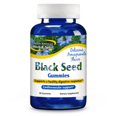Front view of NORTH AMERICAN HERB & SPICE Black Seed Gummies with Pomegranate flavor