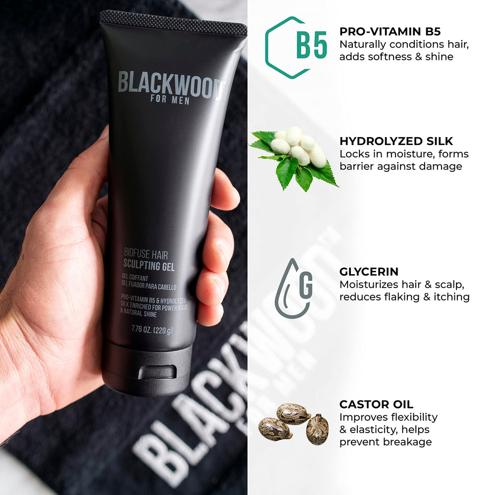 Blackwood For Men BioFuse Hair Sculpting Gel dispenser demonstrates clean, non-sticky application.