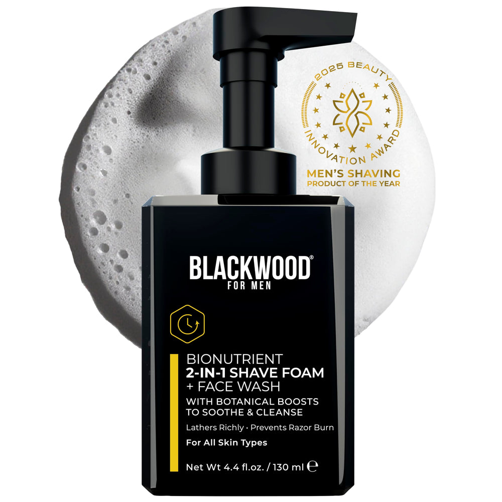 Blackwood For Men BioNutrient two-in-one shave-foam pump bottle for smooth shave prep.