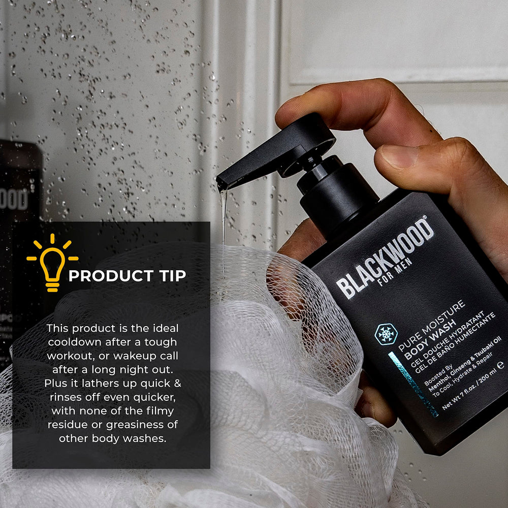 Blackwood For Men Pure Moisture post-workout routine usage scene illustrating recovery-friendly cleansing.
