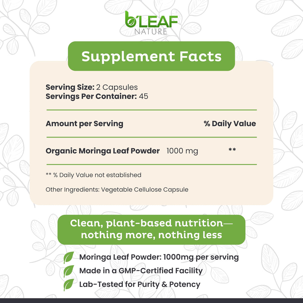 Close-up of B’LEAF NATURE Moringa Capsules bottle