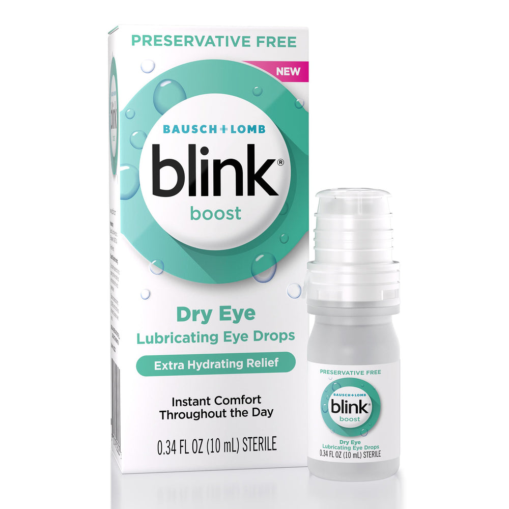 Blink Boost bottle shows preservative-free drops for daily eye hydration and comfort.