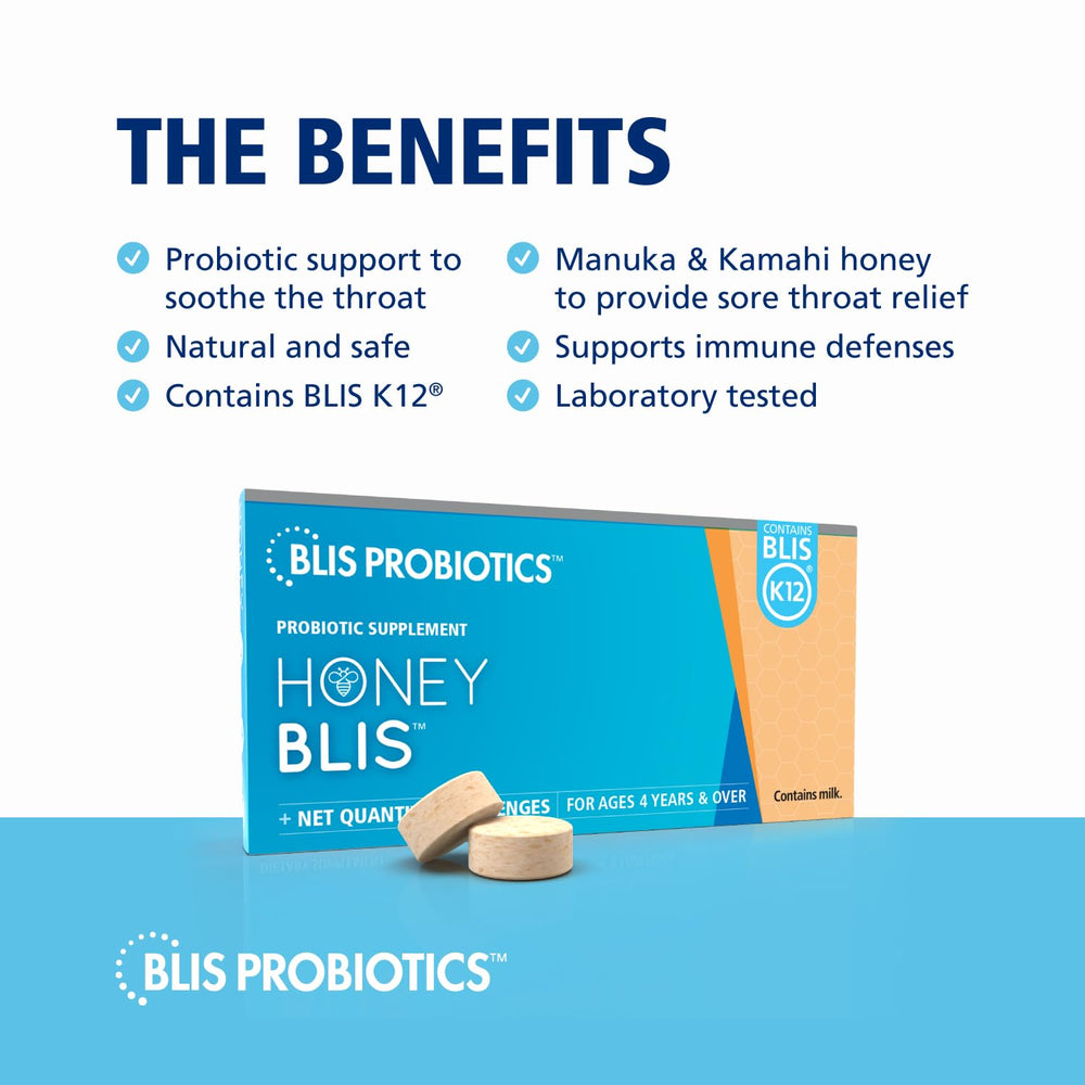 BLIS K12 badge on packaging highlighting probiotic throat support.