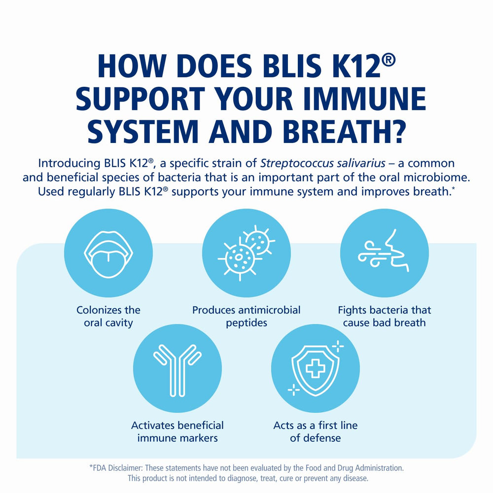 Two BLIS ThroatHealth K12 lozenges with label
