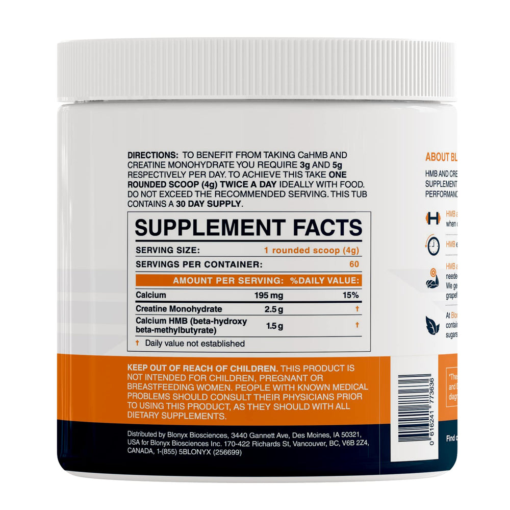 Blonyx HMB+Creatine scoop showing precise 3g HMB daily dosage.