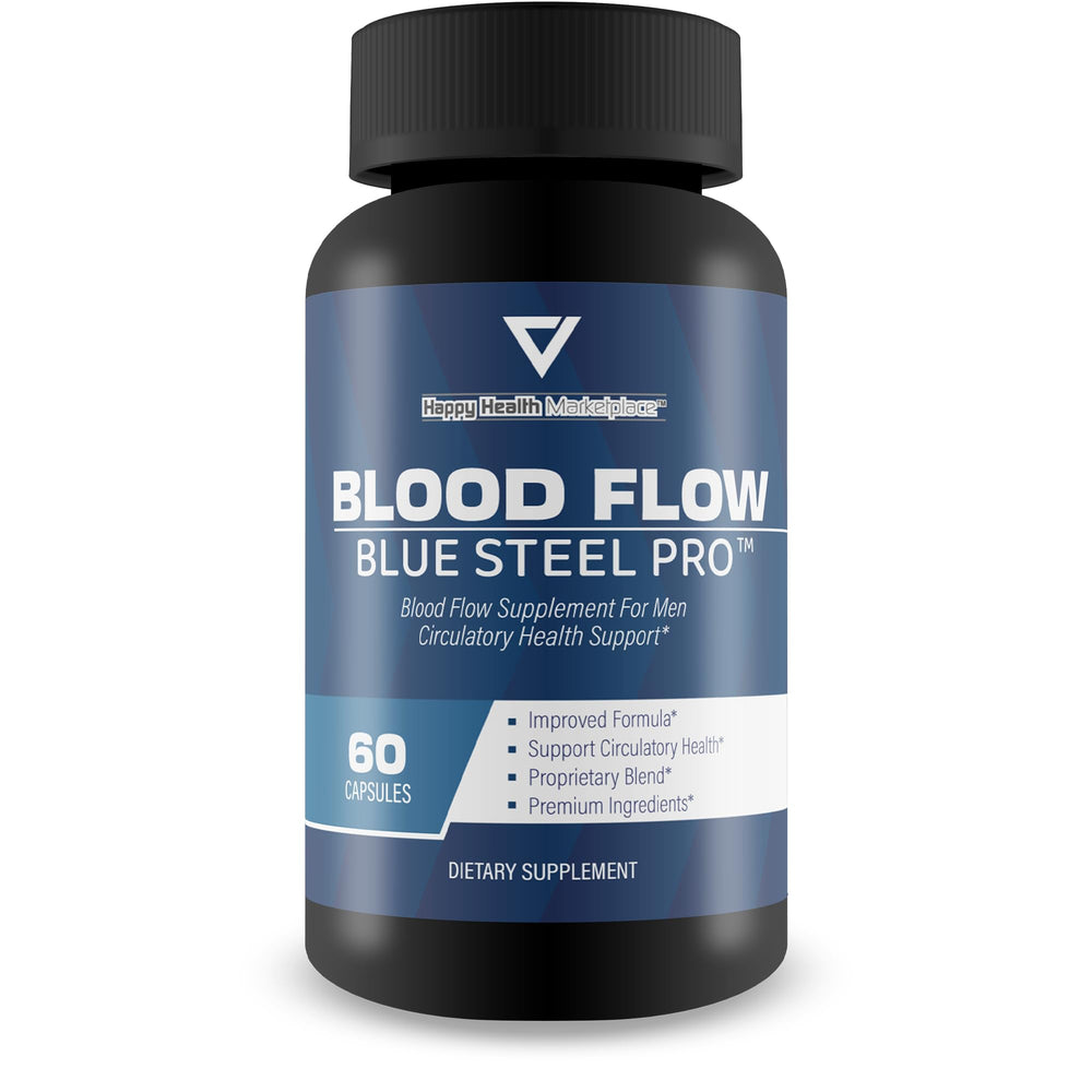 Blood Flow Blue Steel Pro bottle with capsules on white background