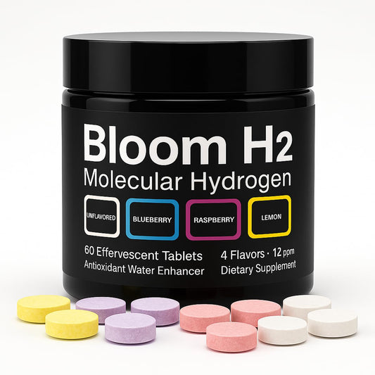 Bloom H2 Tabs bottle and box with 60 count, 12 ppm hydrogen tablets