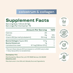 Packaging label for Bloom Nutrition Bovine Colostrum Powder