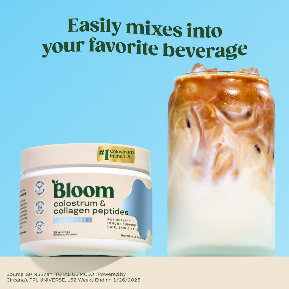Product packaging for Bloom Nutrition colostrum powder with B12