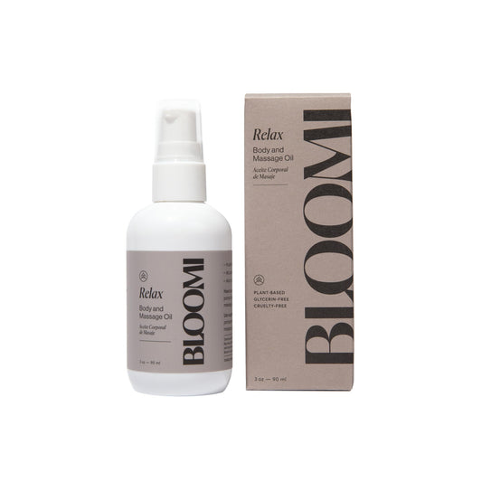 Bloomi Relax Body & Massage Oil 3oz bottle with lavender