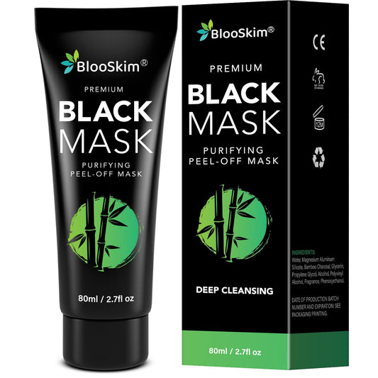 Blooskim Blackhead Remover Mask bottle demonstrates deep surface cleanse for refreshed skin.