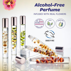Blossom Alcohol-free perfume oil label highlighting skin-friendly, alcohol-free formula.