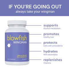 Blowfish Wingman DHM ingredient closeup highlights metabolism support and daytime clarity.