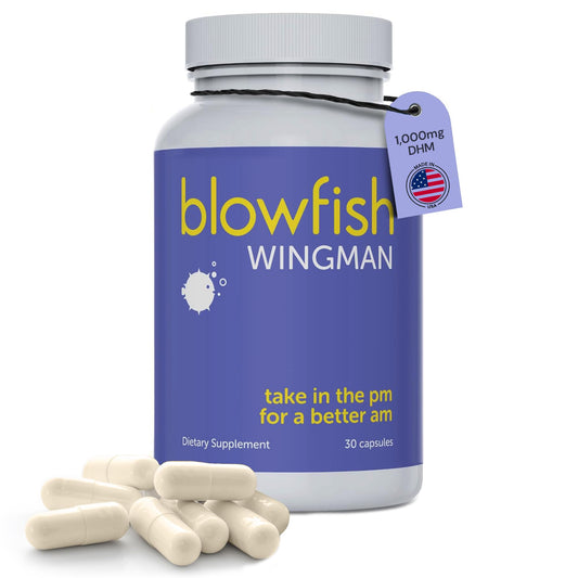 Blowfish Wingman packshot bottle for on-the-go liver support before celebrations.