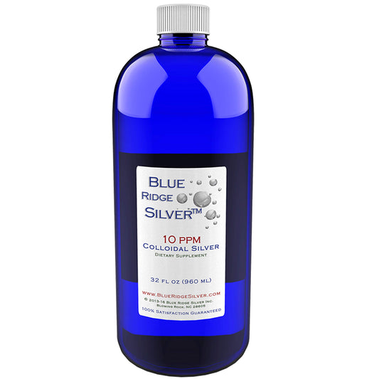 Blue Ridge Silver 32 oz bottle with 10 ppm colloidal silver on a white background