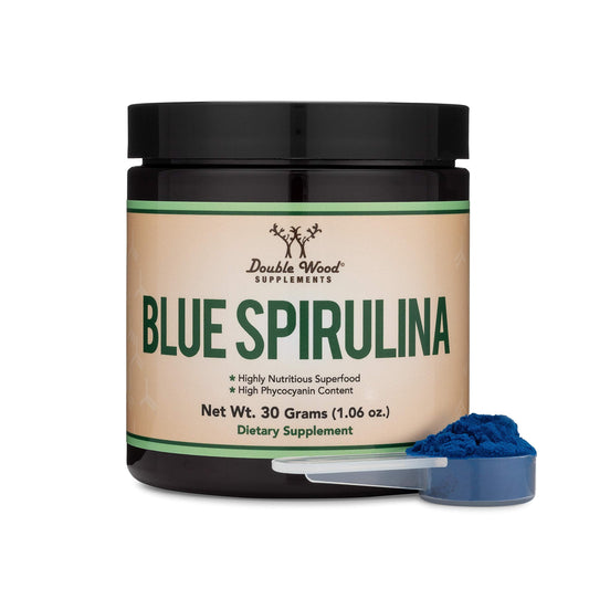 Blue Spirulina Powder jar with Double Wood label