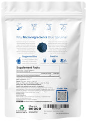 Close-up of the 60 g pouch of blue spirulina powder