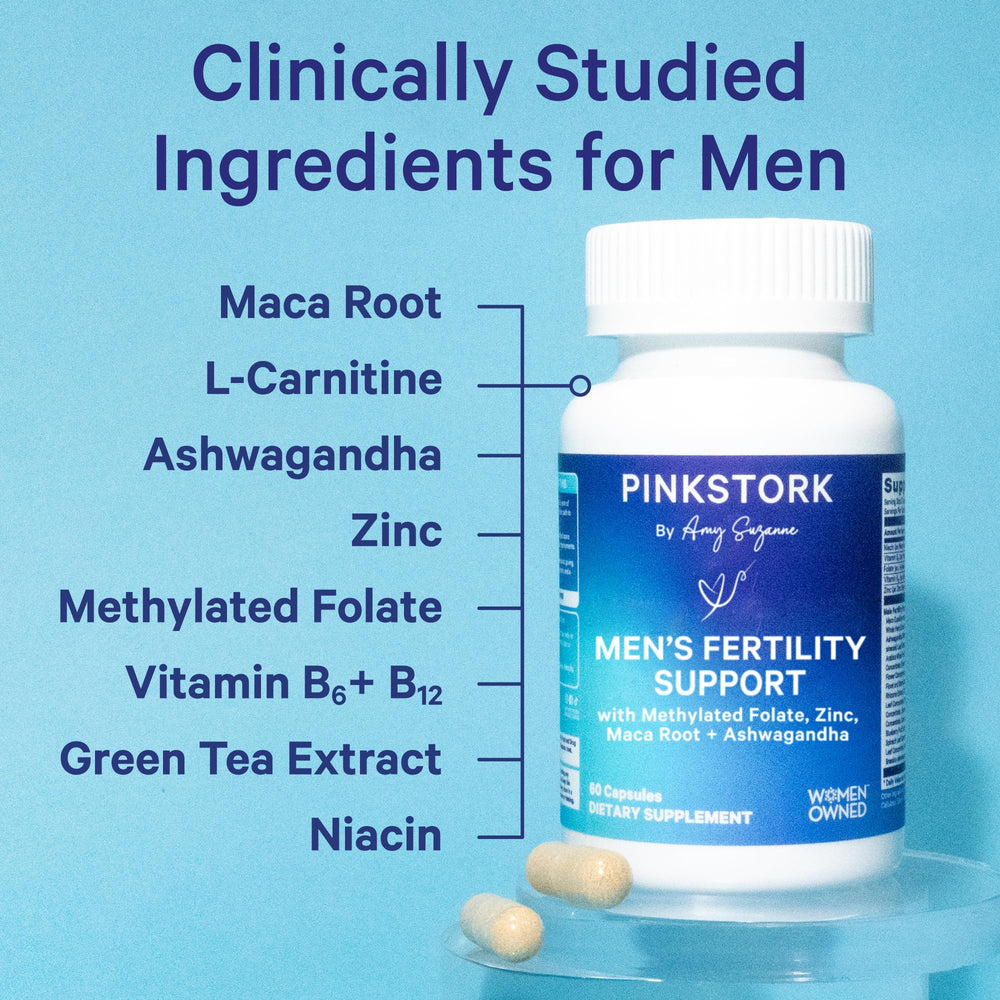 Front view of Blue Stork Men's Fertility supplement packaging