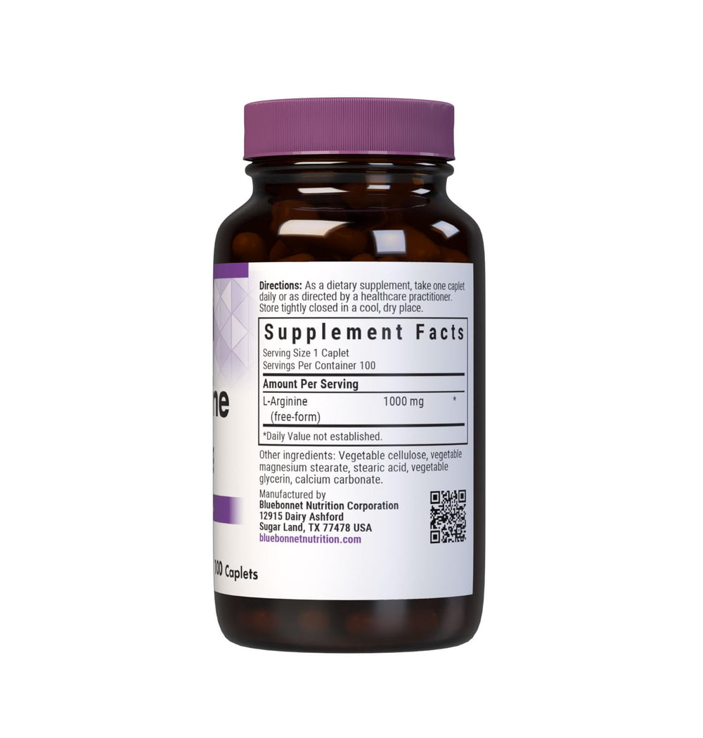 Close-up of Bluebonnet L-Arginine capsules in bottle
