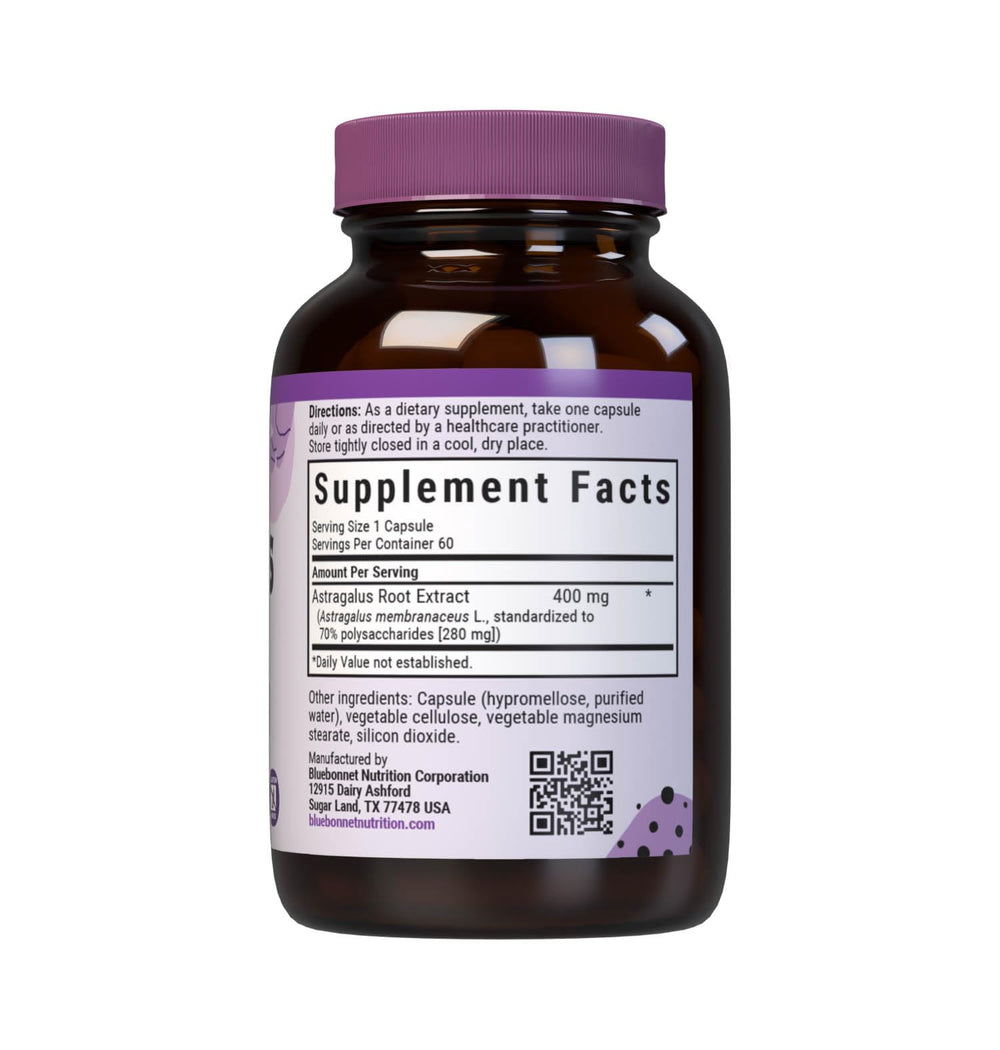 Close-up of Astragalus Root Extract capsules showing 400 mg extract standardized to 70 polysaccharides