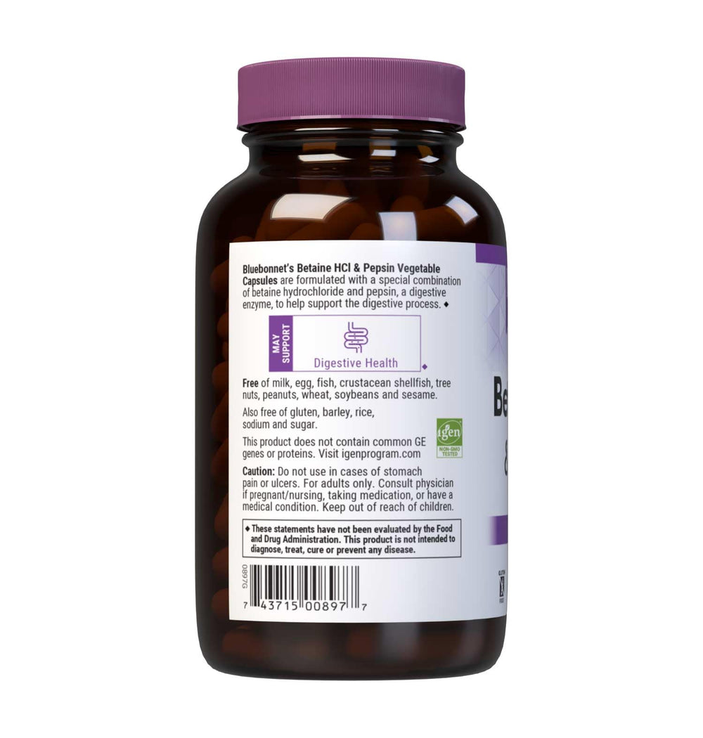 BlueBonnet Betaine HCl Plus Pepsin Vegetarian Capsules bottle and packaging