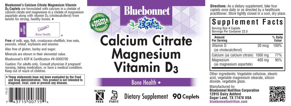 Close-up of Bluebonnet Calcium Citrate Magnesium Vitamin D3 caplets
