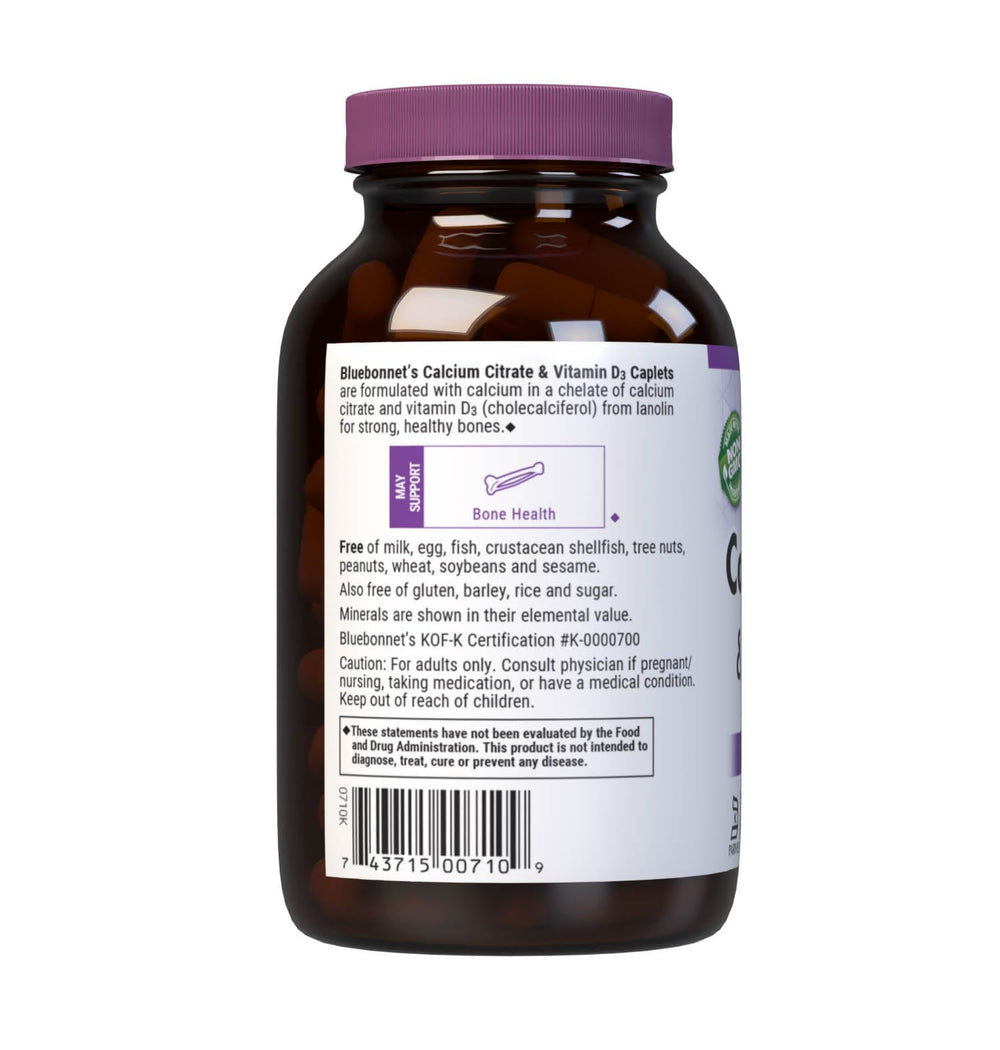 Bottle of Bluebonnet Calcium Citrate & Vitamin D3 Caplets with 90 caplets