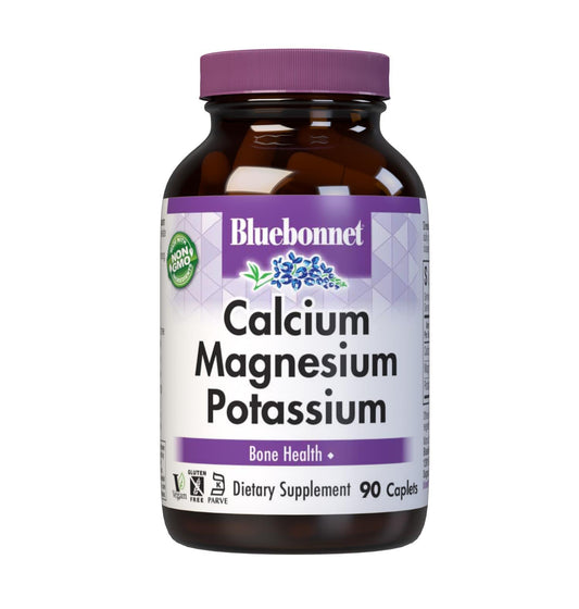Bluebonnet Calcium Magnesium Potassium supplement bottle front view with 90 caplets