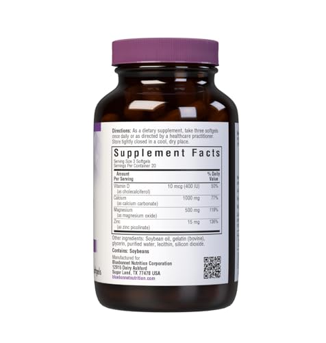 Label shows per-serving amounts: 400 IU Vitamin D3, 1000 mg Calcium, 500 mg Magnesium, 15 mg Zinc