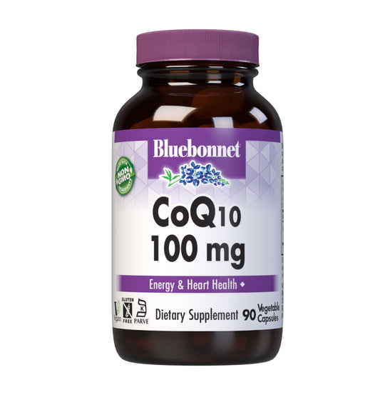 BlueBonnet CoQ-10 100 mg vegetarian capsules in amber glass bottle