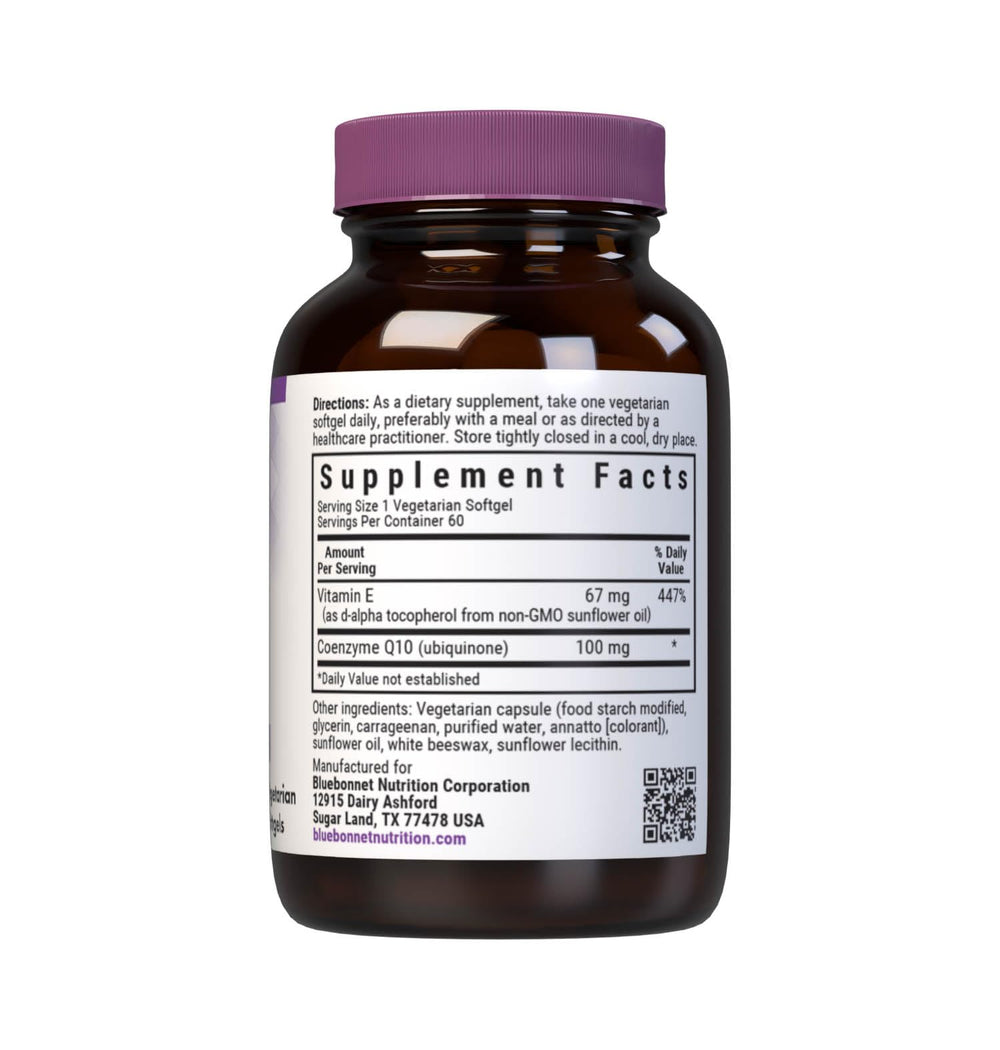 CoQ10 100 mg Vegetarian Softgels ingredients include non-GMO sunflower oil and vitamin E