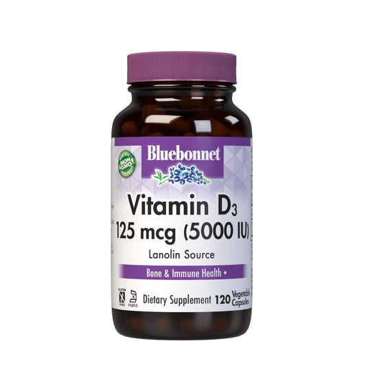 Bottle label for Bluebonnet Vitamin D3 5000 IU 125 mcg veggie capsules