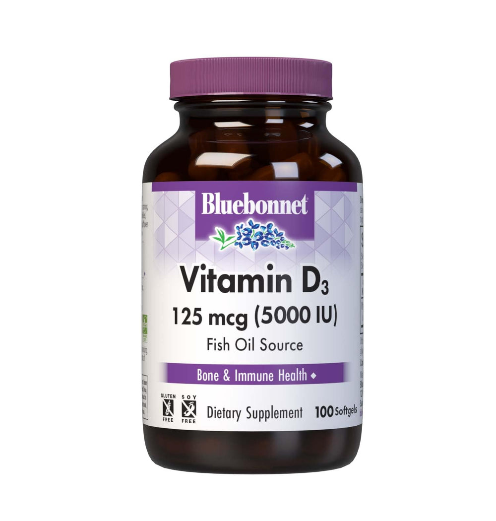 Front view of Bluebonnet Vitamin D3 5000 IU Softgels bottle