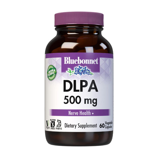 Bluebonnet DLPA 500 mg bottle with 60 vegan capsules