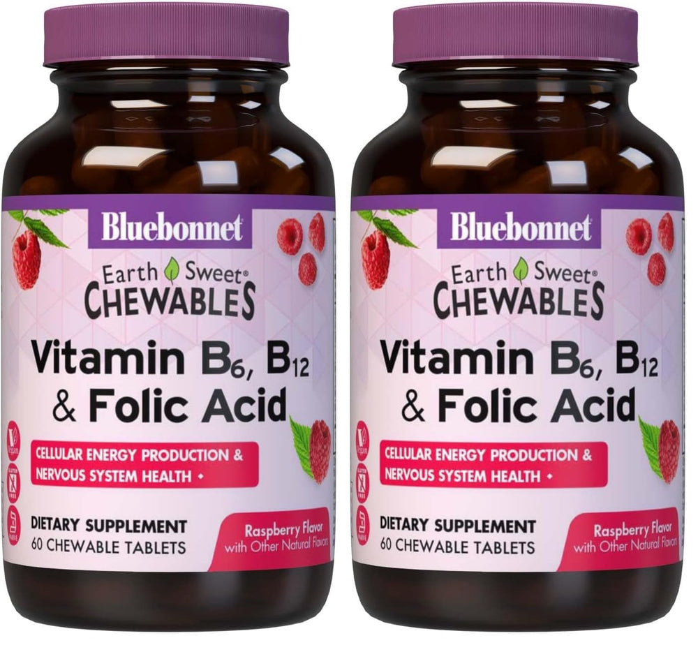 BlueBonnet Nutrition Earth Sweet Raspberry Vitamin B6 B12 Folic Acid Chewable Tablets – Pack of 2 – 60 tablets per pack