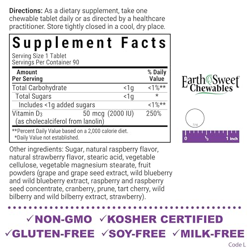 Bluebonnet EarthSweet Vitamin D3 2000 IU Raspberry Chewable Tablet image 02