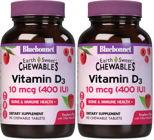 BlueBonnet Nutrition EarthSweet D3 400 IU raspberry-flavored chewable bottle front
