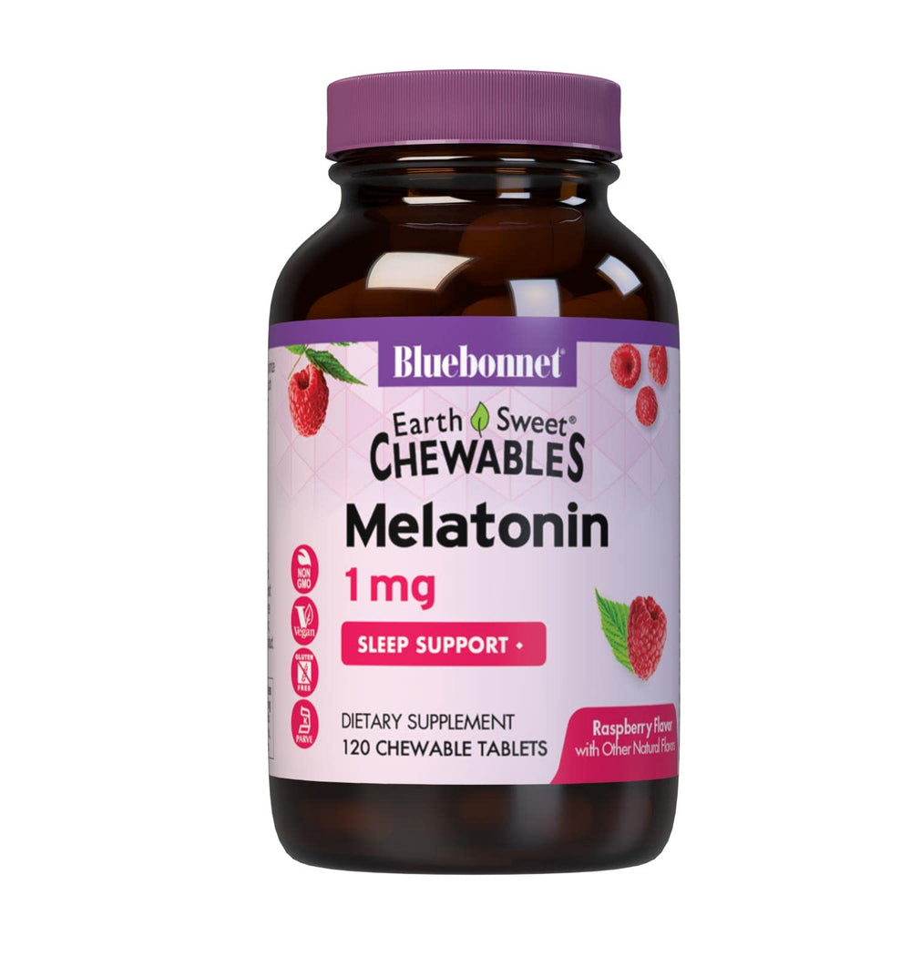 Main product image: Bluebonnet EarthSweet Melatonin 1 mg raspberry chewables (120 tablets)