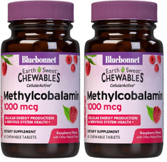 Front view of BlueBonnet EarthSweet Methylcobalamin 1,000 mcg Raspberry Flavor chewable tablets (pack of 2)